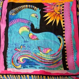 100% Charmeuse Silk Colorful Artistic Scarf with Horses and Birds